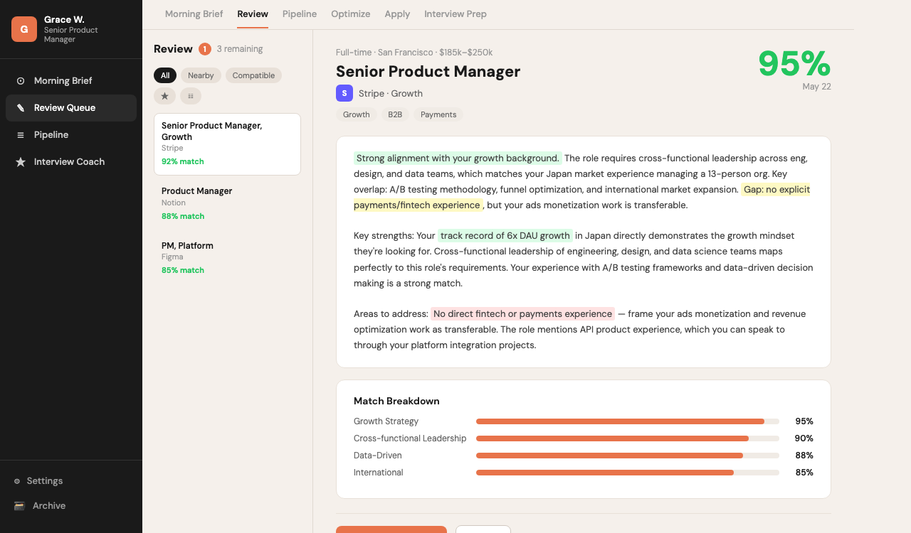 Review Queue with AI match scoring at 95%